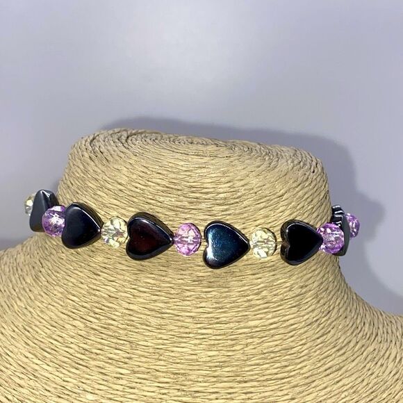 ✨🆕✨ Natural Stones Black Hematite Heart Purple + Iridescent Spacers Bracelet✨ - Picture 8 of 15
